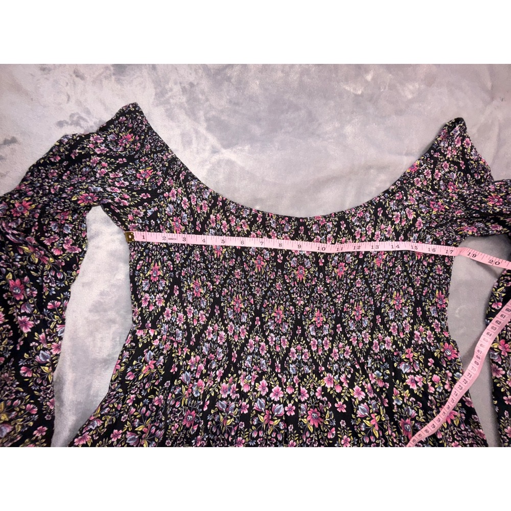 Torrid Womens Black Pink Floral Smocked Off The Shoulder Bell Sleeve Mini Dress - Picture 5 of 13